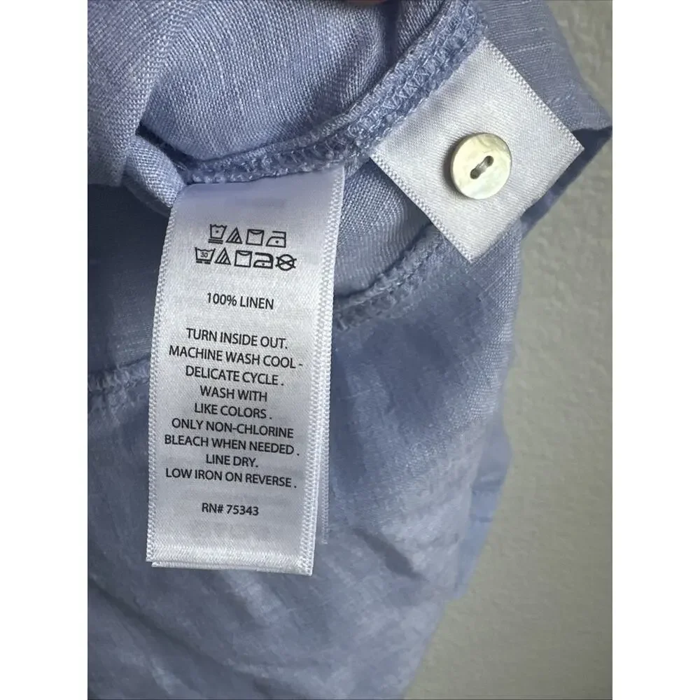 Tahari 100% Linen Tunic Women’s Sm Blue Chambray Roll-Tab Sleeve Button Up Top - Picture 6 of 7